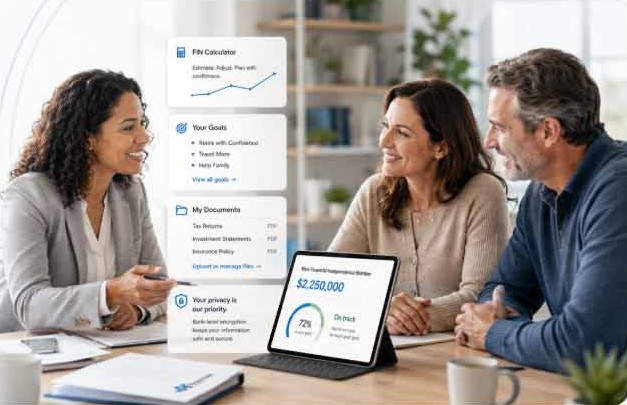 MyFL advisor meeting with a couple reviewing their FIN Calculator, goals, and documents in the client portal