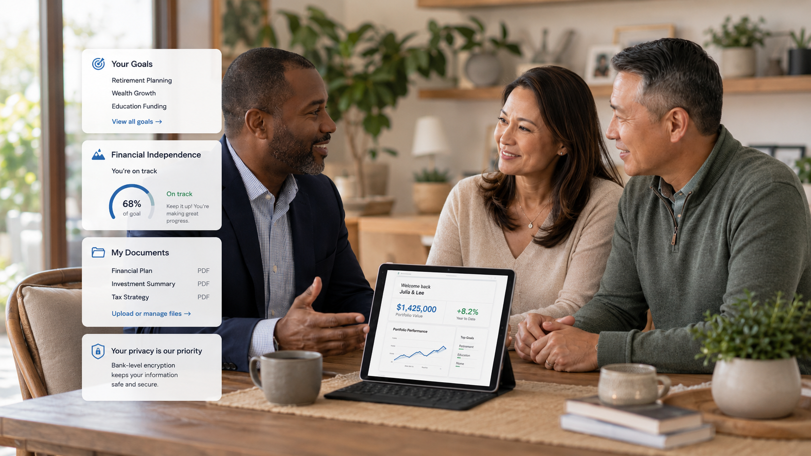 MyFL advisor showing goals and financial independence progress to a couple