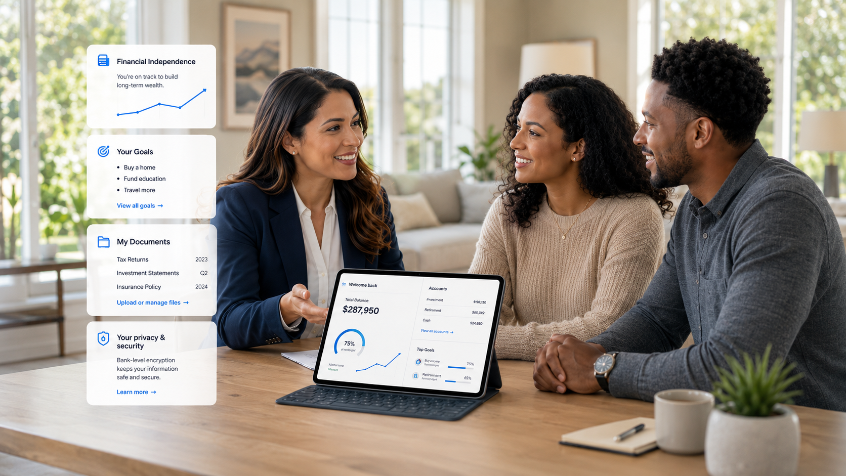 MyFL advisor reviewing financial independence progress, goals, and documents with a couple at home
