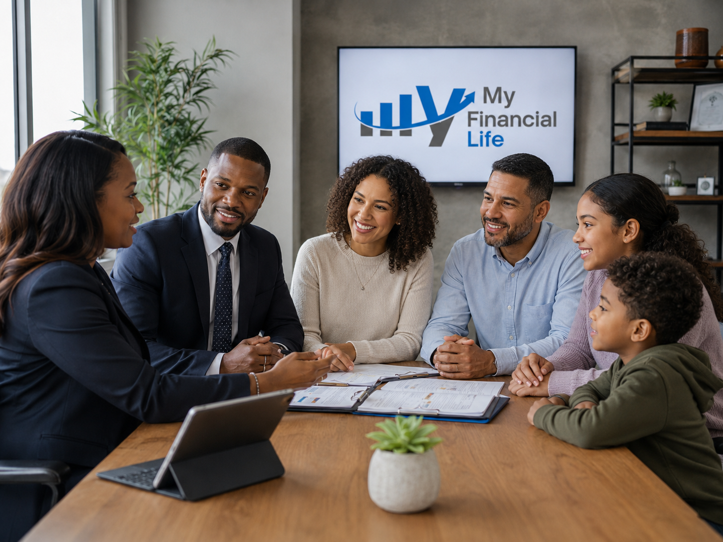 Family meeting with a MyFL advisor with the My Financial Life brand on screen